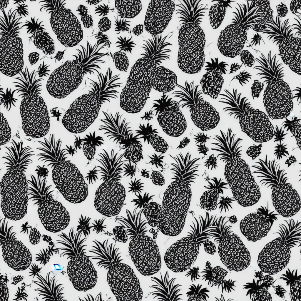 Prompt: seamless pattern parots and pineapples. black and white, drawing, white background, seamless, ornament.