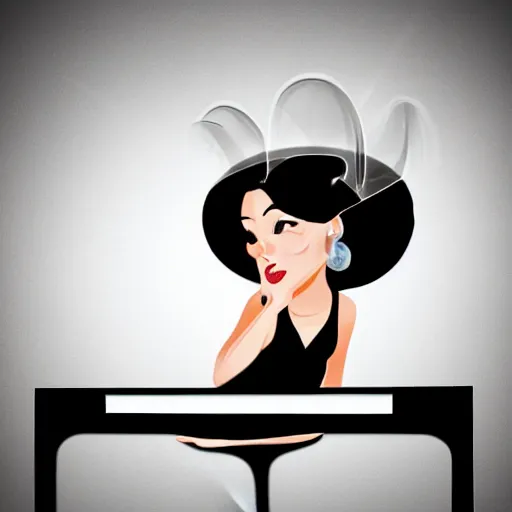 Image similar to beautiful woman with an halo, wearing an black dress and sitting in an piano, 3 0 s cartoon style art