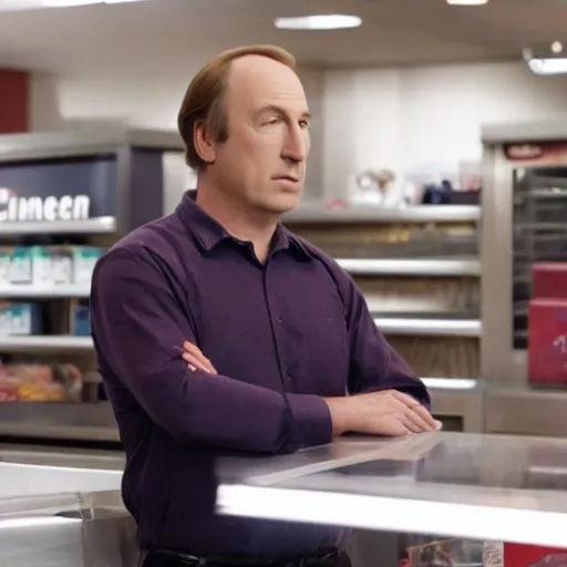 Image similar to gene ( bob odenkirk ) working at cinnabon, better call saul, 8 k