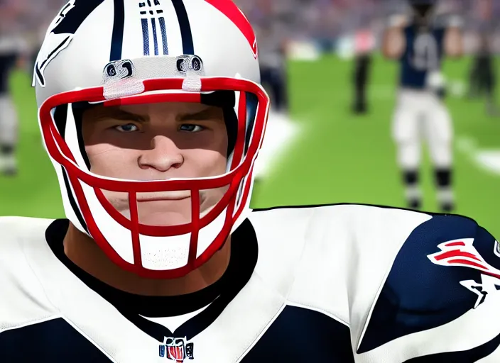 Prompt: facial portrait of a football player on the sidelines, quarterback tom brady, reddit contest winner, madden 2 1, ps 4, character design