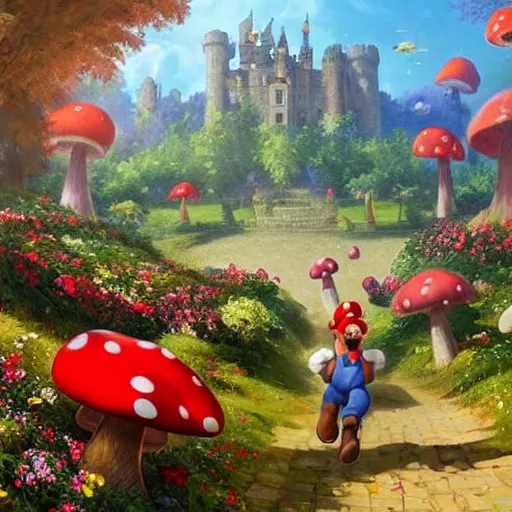 Prompt: portrait of Mario, running up a hill of exotic flowers in the Mushroom Kingdom, giant red and white spotted mushrooms, and roses, from behind, Castle in distance, birds in the sky, sunlight and rays of light shining through trees, beautiful, solarpunk!!!, highly detailed, digital painting by Michael Garmash and Peter Mohrbacher