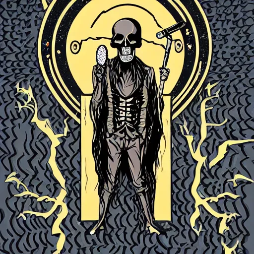 Image similar to dark death metal themed vector illustration of a fantastical menacing ent holding a microphone, skull shaped, award winning, grunge, iconic, golden ratio