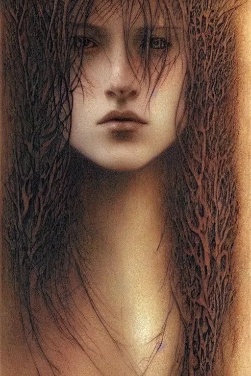 Image similar to portrait of young female, front view, black short hairs, tattoo, fantasy, intricate, jean delville, luis royo, beksinski