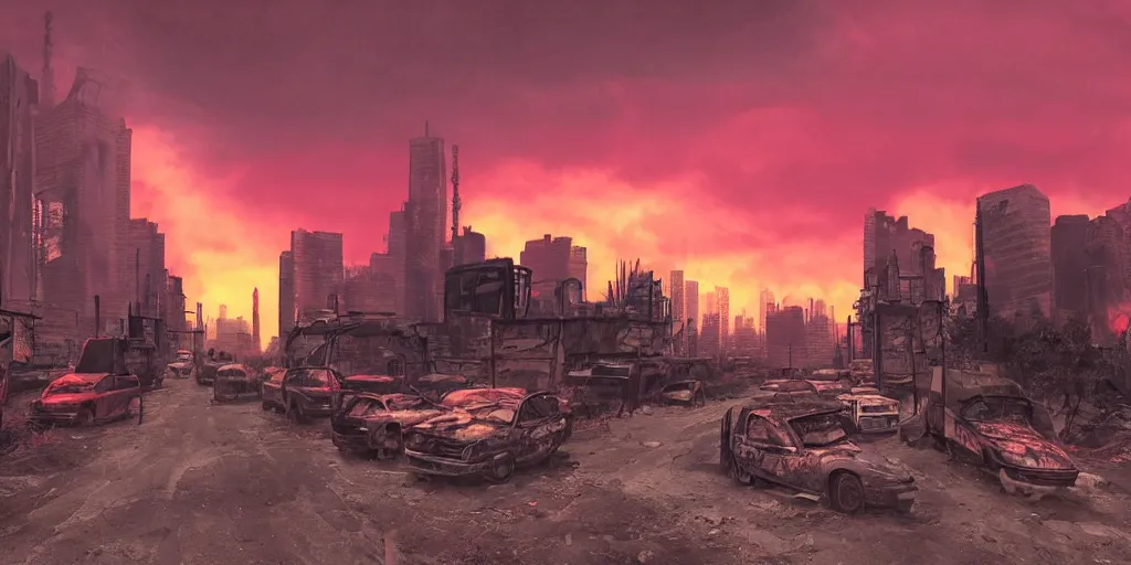 Image similar to post apocalyptic city with burning red sky