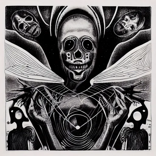 Image similar to post - punk new age album cover, magic, apocalypse, psychedelic, black white pink, magic, giger h. r.