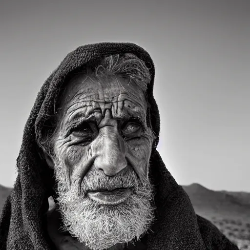 Image similar to award winning cinematic still portrait of distraught 85 year old Mediterranean skinned man in Ancient Canaanite clothing, crying with dark silhouette of a lamb on their face, beard, short hair, Just before sunrise. Desert mountain background. sad, depressed, lonely, Biblical epic directed by Steven Spielberg