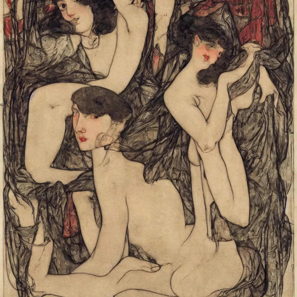 Prompt: engraving by egon shiele