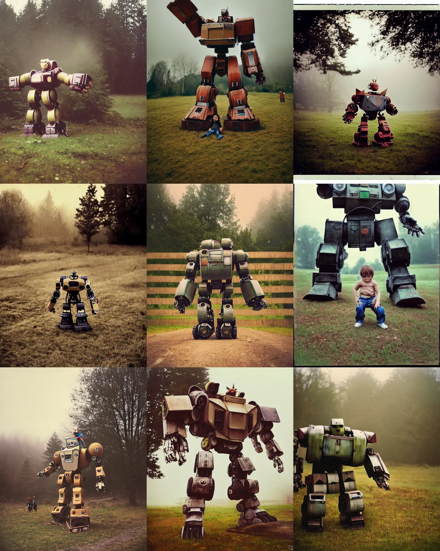 Prompt: giant oversized battle pose robot mech as giant baby on a village, wooden fence and tree remains in far background, hero pose, Cinematic focus, Polaroid photo, vintage, neutral colors, soft lights, foggy, by Steve Hanks, by Serov Valentin, by lisa yuskavage, by Andrei Tarkovsky