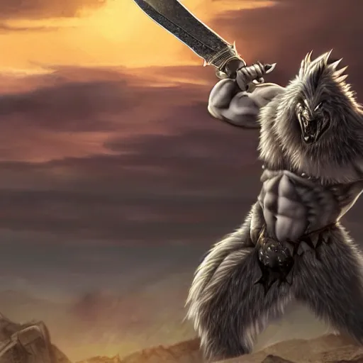 Image similar to muscular anthropomorphic gray wolf barbarian looking out into the sunset stabbing the ground with his sword while his hair blows in the wind, detailed, 4K, drawn by Yoshitaka Amano