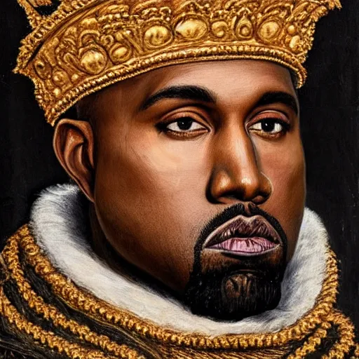 Image similar to a renaissance style portrait painting of kanye west wearing a crown