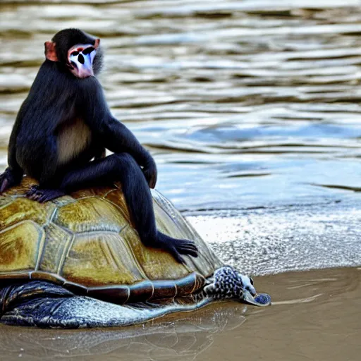 Image similar to a monkey sitting on the back of a turtle