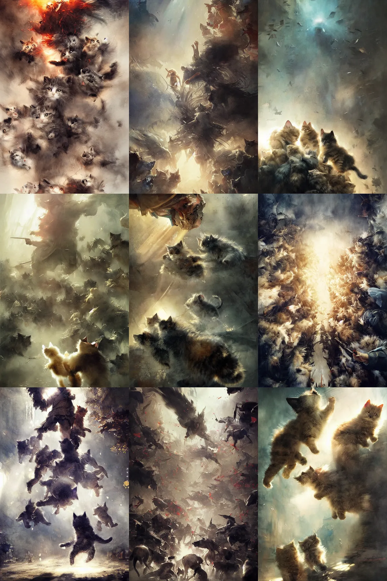 Prompt: incredible ruan jia movie poster, painted ,masterful detailed watercolor, japan, fluffy kittens swarming, rim light, spotlight, deep 3 point perspective, dynamic scene,explosion, justin sweet