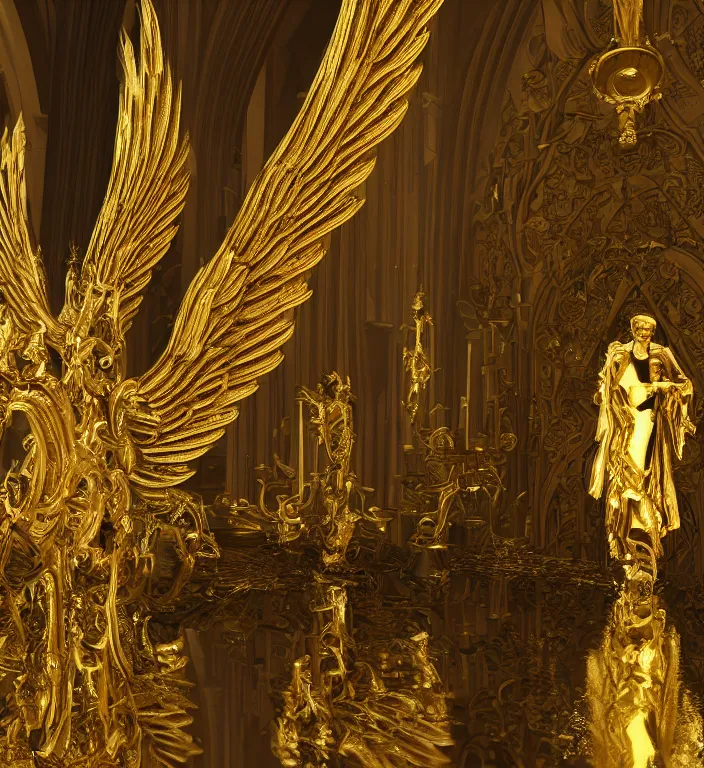 Image similar to full length picture angel wearing black robe with gold wings in an elaborate cathedral, sharp focus, DOF, unreal engine, 8k, ultra detailed, photorealistic + sigma 105mm f2.8 macro