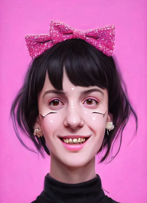 Image similar to portrait of high school girl, realistic, black hair, bangs, half updo hairstyle, pointy nose, skinny, smile, ugly, defined jawline, big chin, pink hair bow, earrings, intricate, elegant, glowing lights, highly detailed, digital painting, artstation, sharp focus, illustration, art by wlop, mars ravelo and greg rutkowski