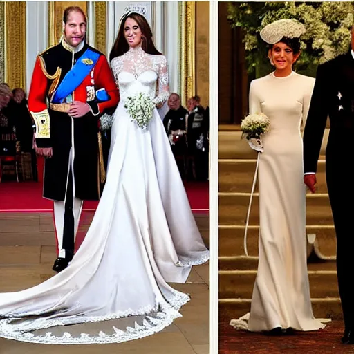 Prompt: photos of the duke of cambridge prince william marrying american singer miley cyrus, happy couple, human faces, official photos, wedding photo, royal wedding, photos trending on twitter, trending photo on instagram