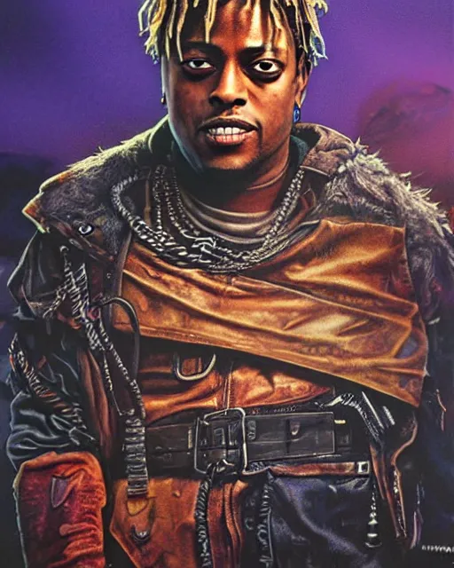 Image similar to juice wrld in dystopian raider mad max post apocalpytic, airbrush, drew struzan illustration art, key art, movie poster