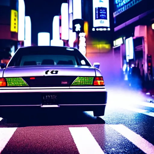 Image similar to a car JZX100 at illegal car meet, Shibuya prefecture, city midnight mist, cinematic color, photorealistic, highly detailed, 200MM