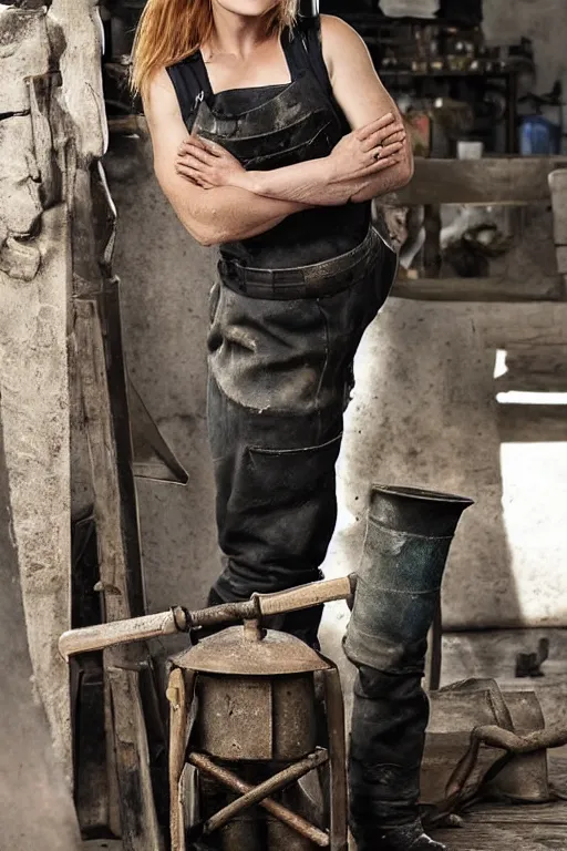 Image similar to female blacksmith, extremely burly. strawberry - blonde hair, many freckles. face resembles natalia vodianova, but body is very burly, broadshouldered, thicklimbed, like a blacksmith. she is fully clothed in her work clothes. she is very strong.