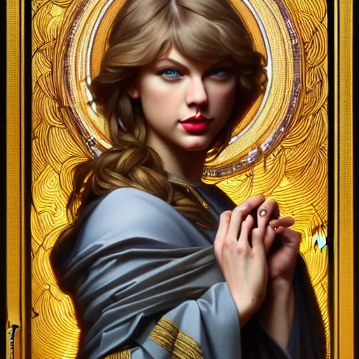Prompt: intense portrait of taylor swift as a catholic saint, intricate, elegant, highly detailed, my rendition, digital painting, artstation, concept art, smooth, sharp focus, illustration, art by artgerm and greg rutkowski and alphonse mucha