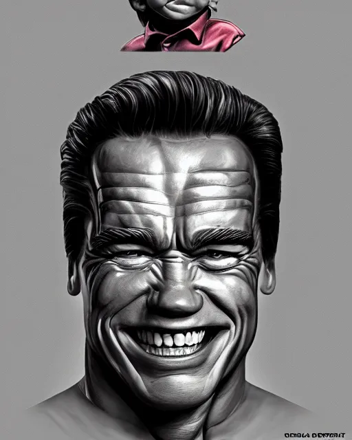 Image similar to arnold schwarzenegger as garbage pail kid, hyper realism, fine details, concept art, digital art, deviantart artstation, very sharp,