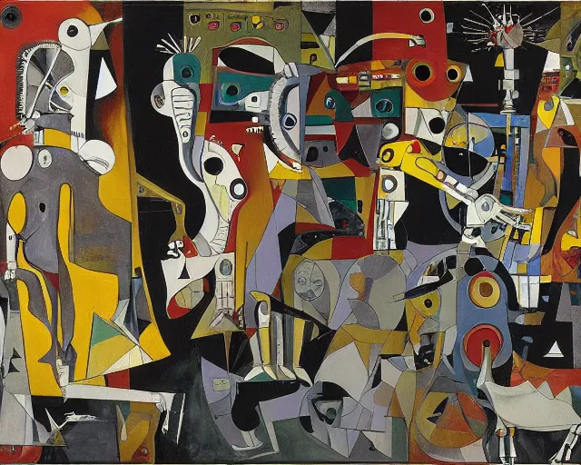 Image similar to a painting of guernica with robots from futurama by graham sutherland, egon schiele, gustav klimt, joan miro, basquiat, expressionism