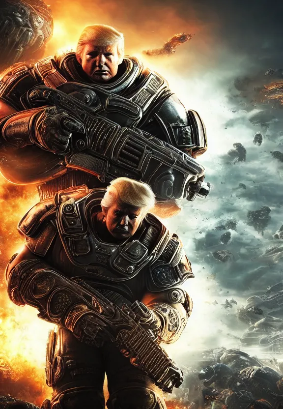 Image similar to Portrait of Donald Trump as god-emperor of humanity in Gears of War, splash art, movie still, cinematic lighting, dramatic, octane render, long lens, shallow depth of field, bokeh, anamorphic lens flare, 8k, hyper detailed, 35mm film grain