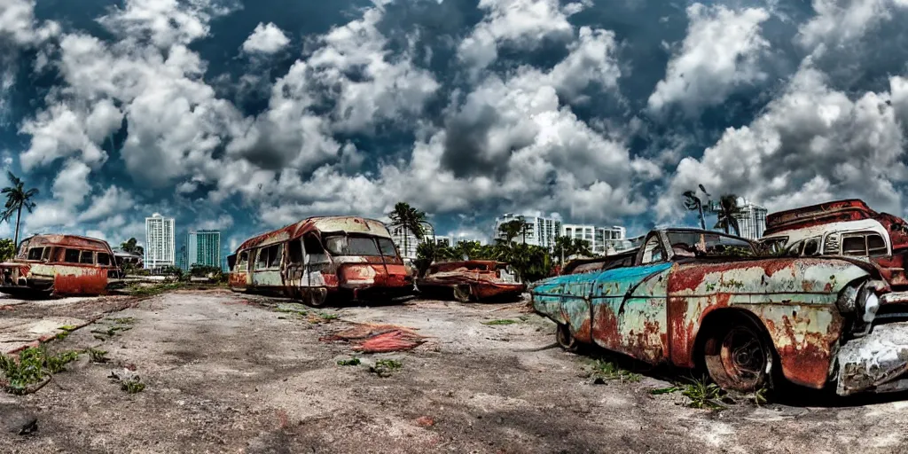 Prompt: wide angle shot of dilapidated fallout 5 miami, tropical coastal city, desolate, dilapidated, some rusted retro futuristic vintage parked vehicles like cars, buses, trucks, trams, sunny weather, few clouds, volumetric lighting, photorealistic, daytime, spring, sharp focus, ultra detailed, technicolour 1