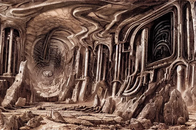 Image similar to opening a portal in the ruins of a familiar city, on mars, in the 4 0 th millenia, by hr giger