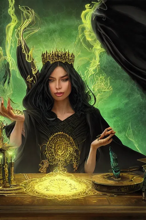 Prompt: a sorceress wearing a black robe with gold embroidery, sitting at table, casting a spell, green glows, painted by artgerm and tom bagshaw and wlop and stefan kostic, in the style of magic the gathering, highly detailed digital art