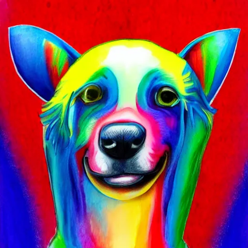 Prompt: portrait friendly cute happy stylish realistic rainbow dog. background in the style of art nouveau. lively. colorful. hd.