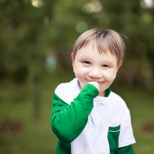 Image similar to small 3 year old boy in a white shirt with green sleeves holding a fist with crumpy look