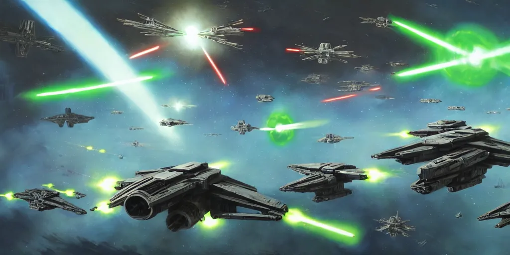 Prompt: star wars space battle in outer space : swarm of small tie fighters shoot tiny thin green laser bolts, overwhelm and destroy one massive rebel capital ship. painted by greg rutkowski, john j. park, jason chan, noah bradley, feng zhu, gintas galvanauskas. oil on canvas, sharp focus, cinematic atmosphere, detailed and intricate environment