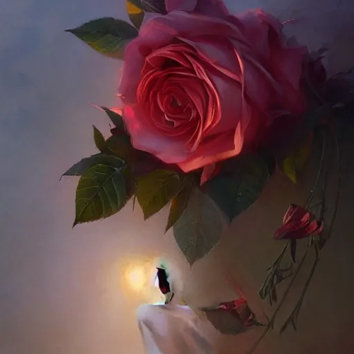 Prompt: Roses lying on a silk cloth, fog, volumetric lightin, intricate, elegant, highly detailed, digital painting, artstation, concept art, smooth, sharp focus, illustration, art by artgerm and greg rutkowski and alphonse mucha