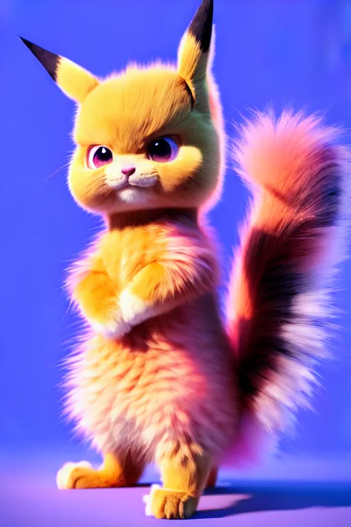Prompt: high quality 3 d render hyperrealist very cute multicolor stripped fluffy! phoenix cat hybrid highly detailed, vray smooth, in the style of detective pikachu, hannah yata charlie immer, dramatic pink light, low angle, uhd 8 k, sharp focus