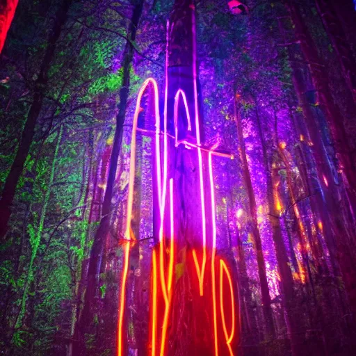 Image similar to eddie munson neon lights looks so cool in the night forest handsome, photojournalism