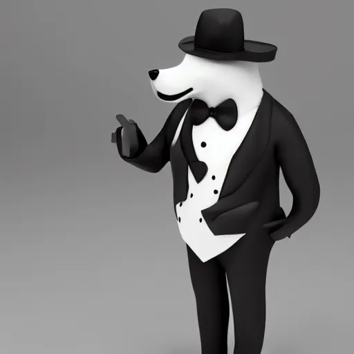 Prompt: 3 d render of a wolf as a gentleman wearing tuxedo on a studio shot, studio lighting, cinematic perspective, full hd