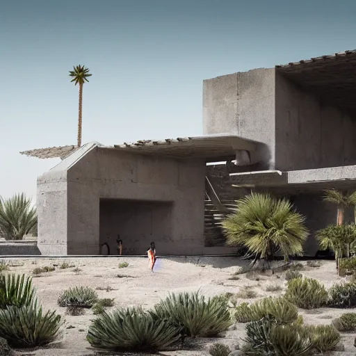 Image similar to hyper detailed ultra sharp rendering of brutalism conceptual building in the desert, biophilia mood, pool, garden, highly detailed, cinematic, photorealistic,