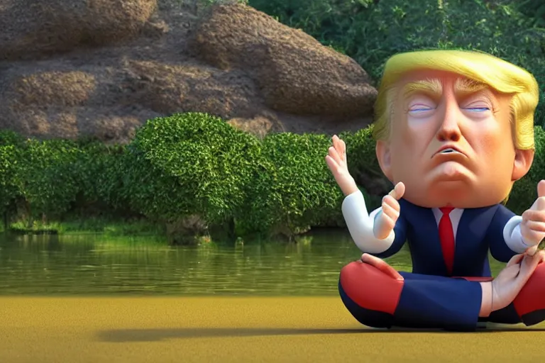 Prompt: still from a Pixar movie of Donald Trump Meditating in a Buddhist Temple, high quality 3d render, movie, Pixar, Renderman, 4k, artstation