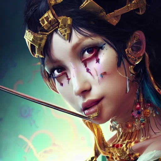 Image similar to the portrait, masked female violinist, exotic costumes, gold jewelry, black hair ， illustration by wenjun lin, irakli nadar, bright colors, octopath traveler, wenjun lin, unreal engine 5 highly rendered, global illumination, radiant light, detailed and intricate environment