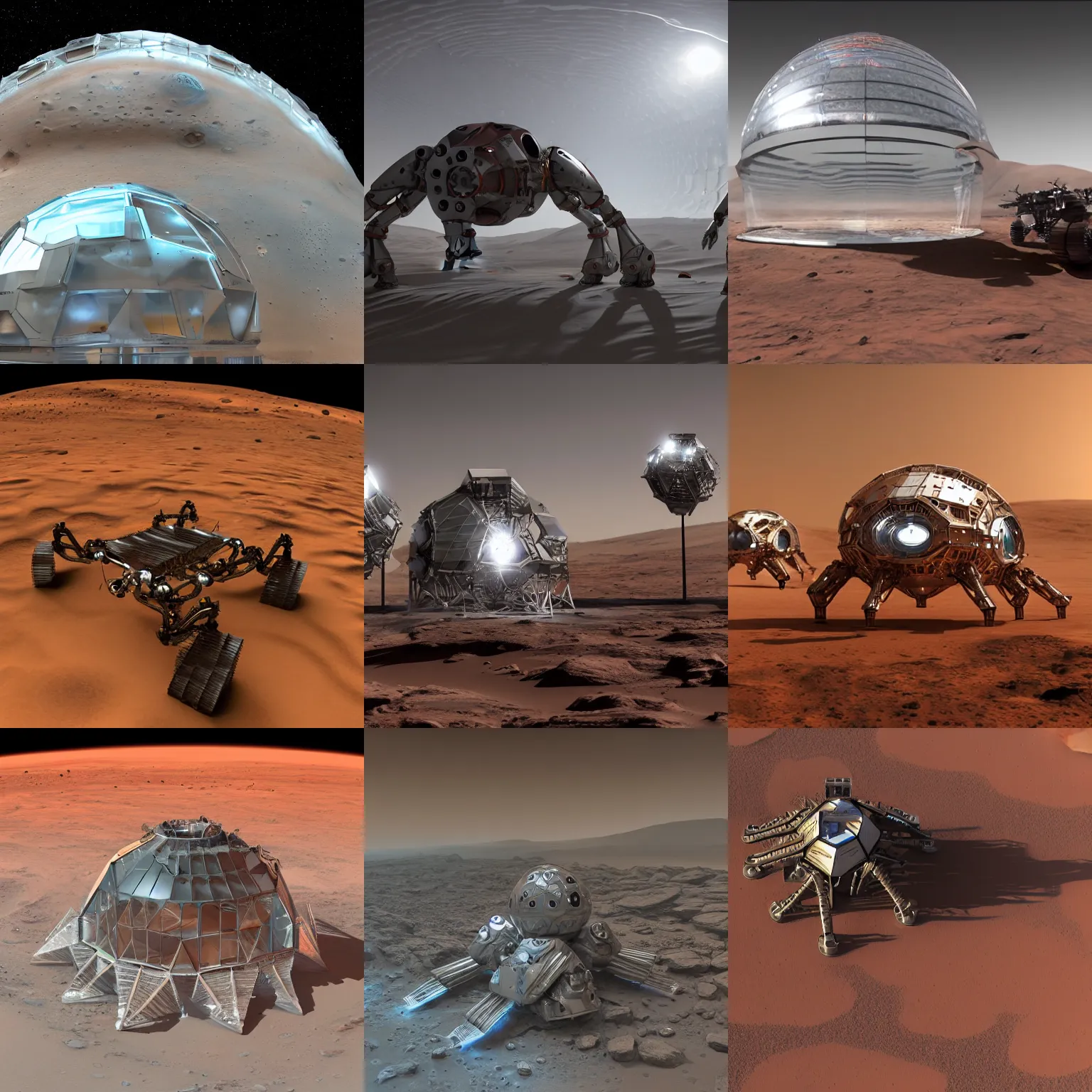 Prompt: biomechanical dynamo cyborg robots on Mars, building tall ice domes made of transparent glass, cinematic lighting, 8k, hyperrealistic, ultra detailed, 3d render, view from space, close-up