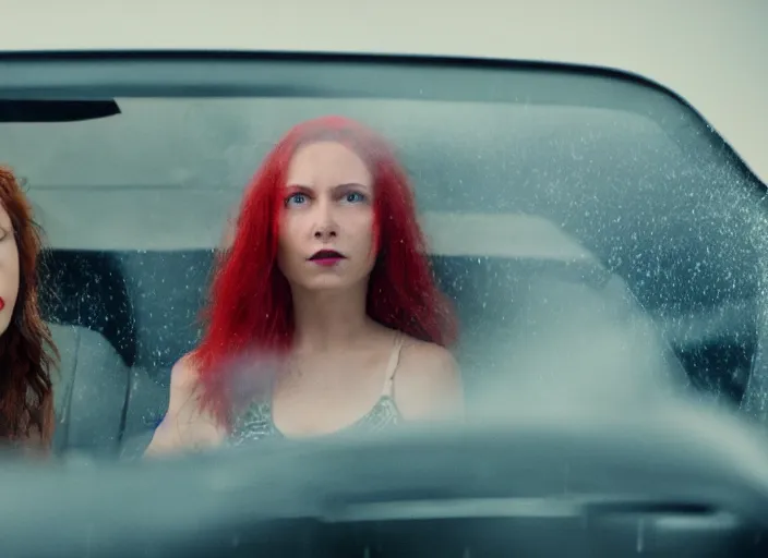 Image similar to A very high resolution image from a new movie, inside of a car, red hair woman, raining, hot, directed by wes anderson