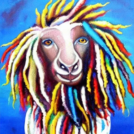 Prompt: a beautiful painting of a bob Marley sheep, Rastafarian, dreadlocks