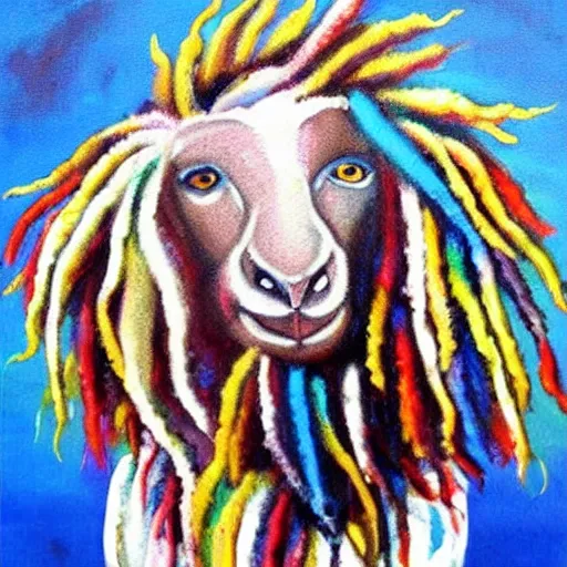 Image similar to a beautiful painting of a bob Marley sheep, Rastafarian, dreadlocks