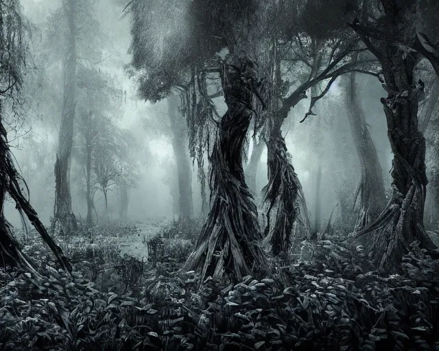 Image similar to an epic action concept masterpiece of a forest made of skeletons, inspired by sd ai. horrific digital art, extremely moody lighting