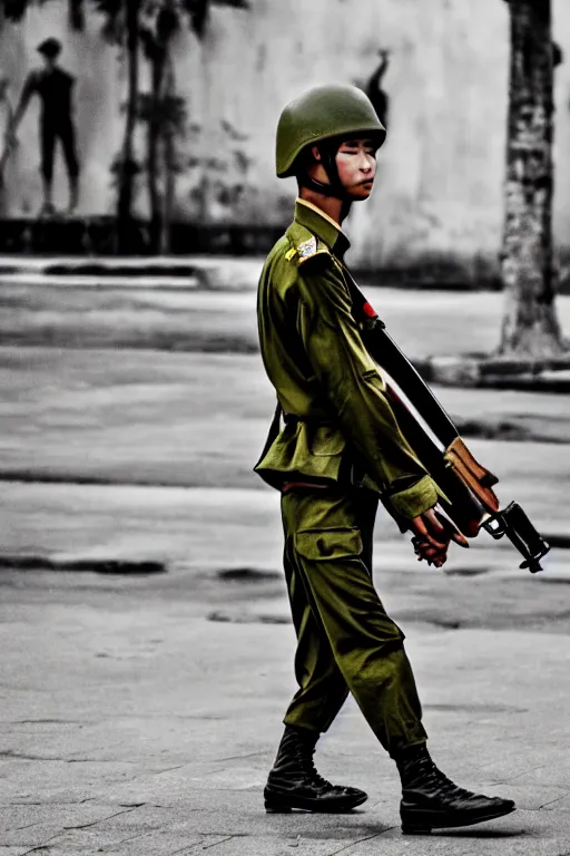 Image similar to vietnam soldier with skateboard, photography, hyperrealistic, vogue magazine photo style, dynamic composition, intricate, comfort posse, smooth, sharp focus, captured by nikon d 8 5 0, 4 k, full body.