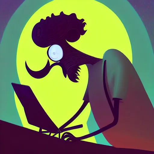 Image similar to curled perspective digital art of curly grey hair bearded man with big nose using a computer by anton fadeev from nightmare before christmas