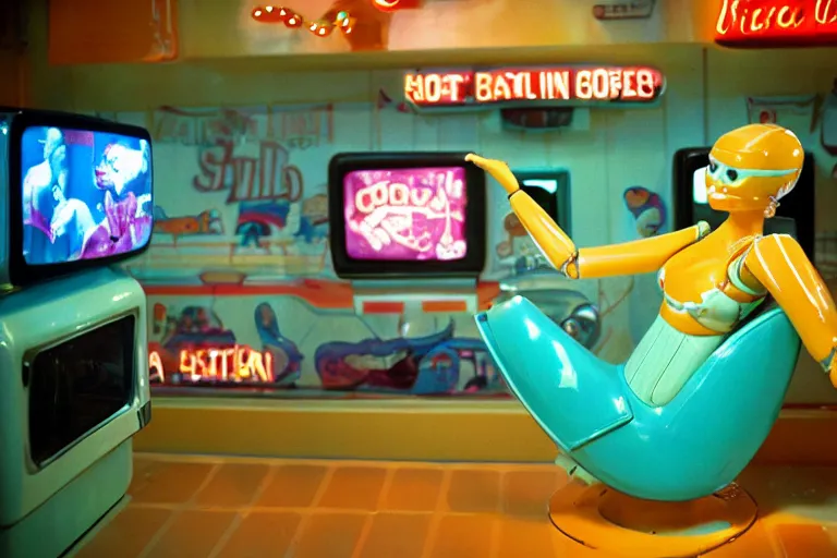 Prompt: robot mermaid sitting in a googie diner made of porcelain, from 1986, bathed in the glow of a crt television, tv screens in background, low-light photograph, in style of terry richardson