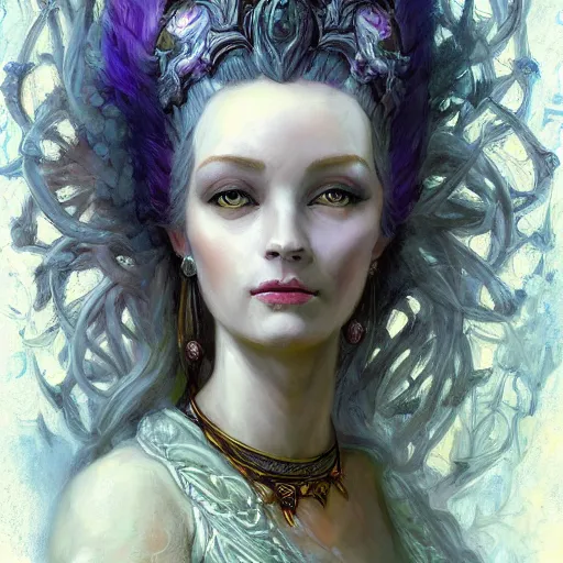 Image similar to beautiful Lady Yggdrasil Marie Antoinette Queen Portrait Portrait Portrait Planescape Torment Vagrant Story Character Time Druid Face Head Eyes Jordan Grimmer mandy jurgens dave dorman Tamas Medve Todor Hristov Ilya Repin