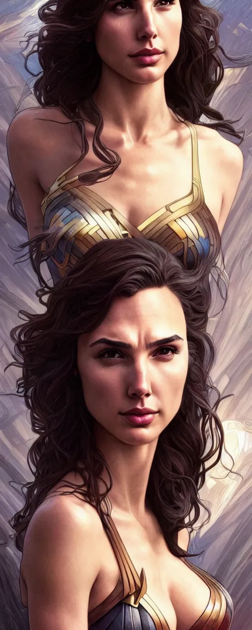 Image similar to very very beautiful longshot photo of Gal Gadot , intricate, elegant, highly detailed, artstation, concept art, smooth, sharp focus, illustration, art by artgerm and moebius and alphonse mucha