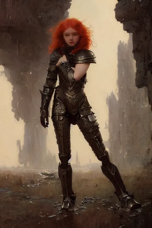 Image similar to short muscular redhead young woman wearing black medieval armour, bare legs, detailed, by gaston bussiere, bayard wu, greg rutkowski, giger, maxim verehin, greg rutkowski, masterpiece, sharp focus, cinematic lightning